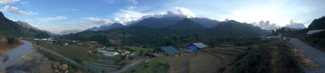 Mountains uphill village houses terrace stack