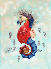 Fototapeta premium Seahorse illustration. Unusual animals. Acrylic painting. Sea horse.