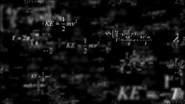Flying through math.Animation presents handwritten mathematical formulas on black background flying through the camera.