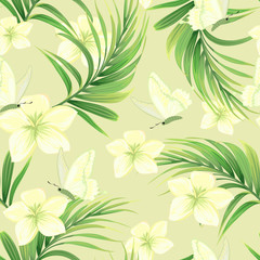 Fototapeta na wymiar Pattern with palm leaves and exotic flowers