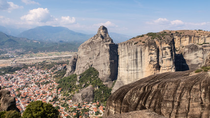 Scenic cityscape postcard view of ancient red roof buildings in Kalambaka