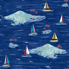 Beautiful seamless island pattern. Summer trends bright seamless colorful island pattern on navy blue background. Landscape with palm trees, beach, sailing ship and ocean brush hand drawn style.