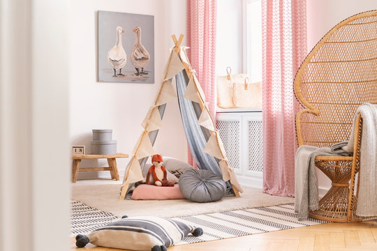 Painting With Ducks And Tent In A Child Room Interior. Real Photo