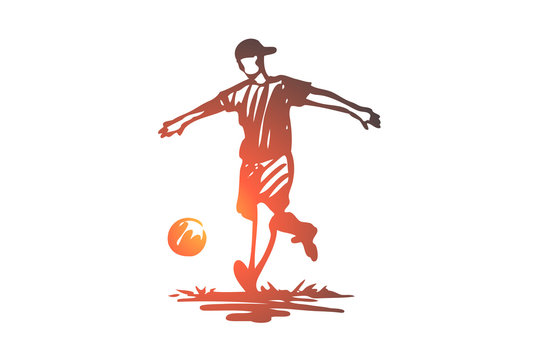 Boy, sport, soccer, ball, child concept. Hand drawn isolated vector.