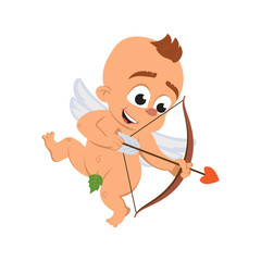 Cupid angel love character vector illustration for Valentine day or wedding dating smiling shooting Amur Eros greek mythology god or cherub baby with bow and arrow emoji isolated on white background