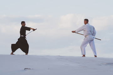 Deux hommes pratiquant les arts martiaux japonais dans le désert