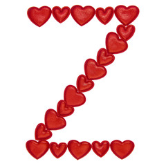 Letter Z made from decorative red hearts. Isolated on white background. Concepts: ABC, alphabet,...