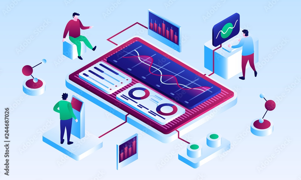 Poster visualisation teamwork banner. isometric illustration of visualisation teamwork vector banner for we