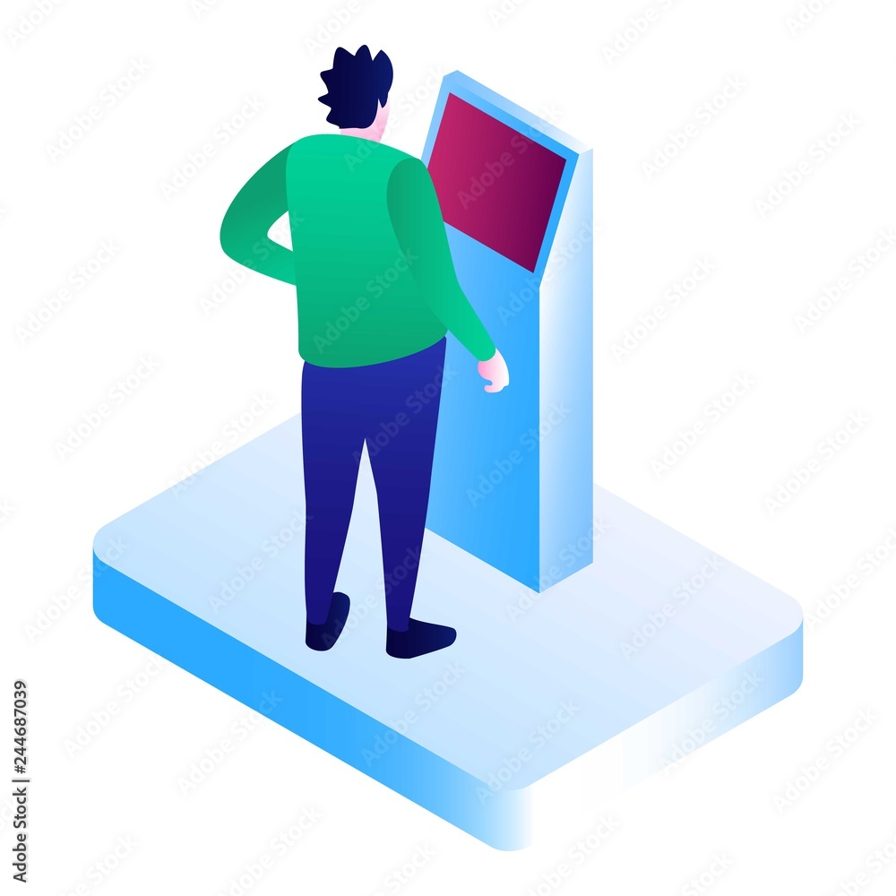 Poster man at pay machine icon. isometric of man at pay machine vector icon for web design isolated on whit