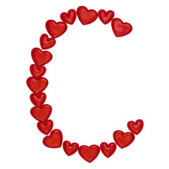 Letter C made from decorative red hearts. Isolated on white background. Concepts: ABC, alphabet, logo, words, symbols, love, valentines day