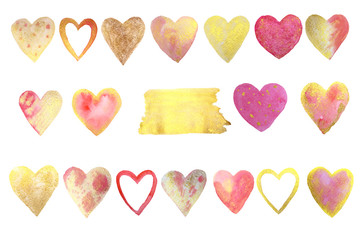 Gold and pink hearts for Valentine's Day! Hearts are drawn with watercolor by hand.