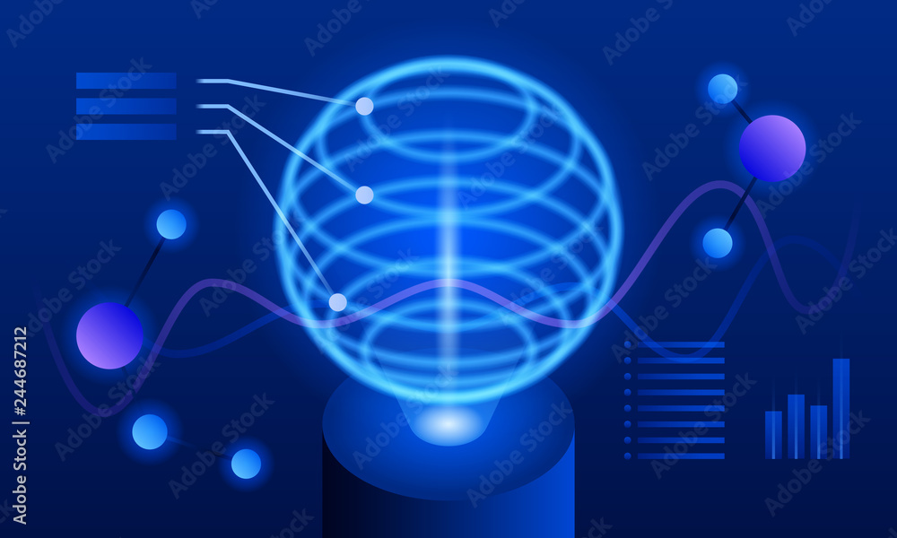 Poster global futuristic visualisation banner. isometric illustration of global futuristic visualisation ve