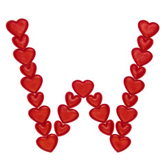 Letter W made from decorative red hearts. Isolated on white background. Concepts: ABC, alphabet, logo, words, symbols, love, valentines day