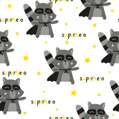 Seamless pattern with a little superhero in Scandinavian style. For printing on textiles, paper. Ideal for children's wear. Hand-drawn. Little raccoon superhero.