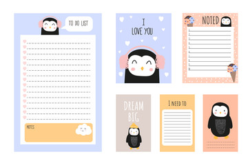 Set of planners with cute penguins in Scandinavian style. Cute postcards, day planners, to-do list. For print. Hand-drawn. - 244687842