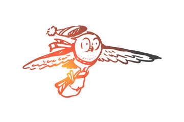 School, animal, owl, fly, study concept. Hand drawn isolated vector.