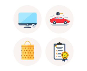 Set of Sale bag, Computer display and Carsharing icons. In compliance sign. Shopping mall, Monitor device, Car rental. Certified checklist. Colorful icons in round buttons. Vector