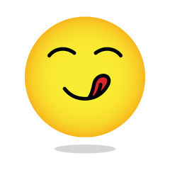 Yellow yummy smiley emoticon hungry face. Emoji with mouth and tongue gourmet enjoying taste vector