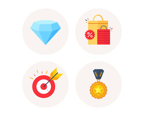 Set of Target goal, Diamond crystal and Sale bags icons. Winner medal sign. Marketing strategy, Brilliant gemstone, Shopping mall. Champion award. Colorful icons in round buttons. Vector