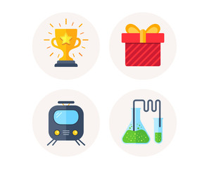 Set of Railway transport, Gift box and Winner cup icons. Chemistry sign. Subway transportation, Birthday present, Trophy award. Laboratory tubes. Colorful icons in round buttons. Vector
