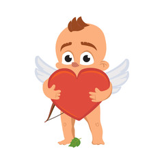 Cupid angel love character vector illustration for Valentine day or wedding dating surprised naked Amur Eros greek mythology god or cherub baby with red heart emoji isolated on white background