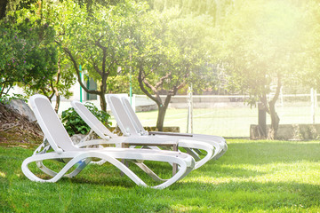 Four sunbathing beds layed on a villa garden next to the sea side. Beautiful view of blue sky and green environment. Concept of vacation, holidays and relaxing.