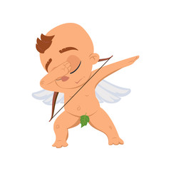 Cupid angel love character vector illustration for Valentine day or wedding dating dabbing naked Amur Eros greek mythology god or cherub baby with bow and green leaf emoji isolated on white background
