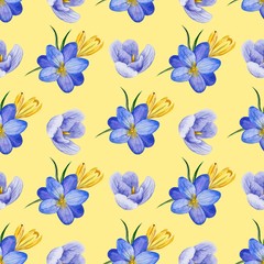 Seamless floral pattern of Crocus flowers and herbs in watercolor style. Perfect background for fabric, wrapping paper, packaging, etc. - Illustration
