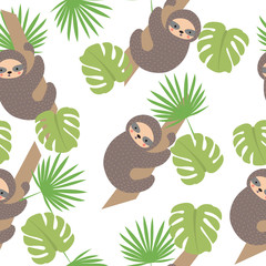 Seamless pattern with cute sloth. Hand-drawn. For printing on textiles, paper.