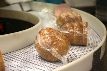 Produkcja wędliny, szynki zapakowane próżniowo na taśmie.