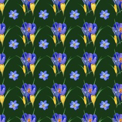 Seamless floral pattern of Crocus flowers and herbs in watercolor style. Perfect background for fabric, wrapping paper, packaging, etc. - Illustration