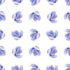 Fototapeta na wymiar Seamless floral pattern of Crocus flowers and herbs in watercolor style. Perfect background for fabric, wrapping paper, packaging, etc. - Illustration