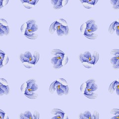 Fototapeta na wymiar Seamless floral pattern of Crocus flowers and herbs in watercolor style. Perfect background for fabric, wrapping paper, packaging, etc. - Illustration