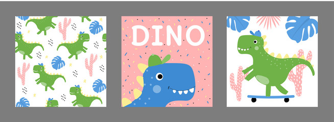 Cute dinosaur in Scandinavian style. Set of two postcards and seamless pattern with dinosaur. For printing on textiles, postcards. Hand-drawn. - 244689449