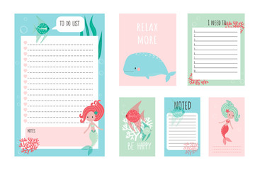 Set of planners, to-do list, postcards with cute nautical illustrations. For print. Hand-drawn. - 244689451