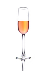 Rose pink champagne glass with bubbles isolated on white background
