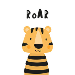 Cute tiger isolated on white background. Hand-drawn. Children's illustration for printing on paper, clothing, fabric. - 244689488