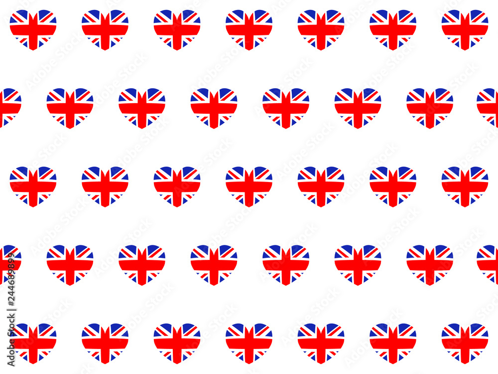 Poster amazing design of a white background with british flags in the form of hearts