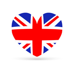 Amazing design of the British flag in the shape of a heart on a white background