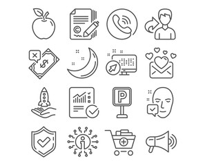 Set of Love mail, Rejected payment and Copywriting icons. Face accepted, Parking and Add products signs. Crowdfunding, Megaphone and Checked calculation symbols. Vector