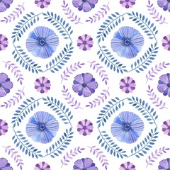 Floral pattern in watercolor style. Beautiful seamless pattern with flowers with pink and blue, herbs and leaves. Can be used as a background template for Wallpaper, printing on fabrics, packaging.