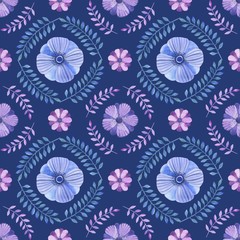 Floral pattern in watercolor style. Beautiful seamless pattern with flowers with pink and blue, herbs and leaves. Can be used as a background template for Wallpaper, printing on fabrics, packaging.