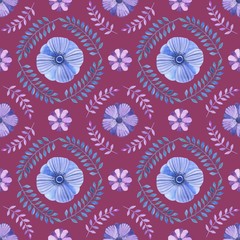 Floral pattern in watercolor style. Beautiful seamless pattern with flowers with pink and blue, herbs and leaves. Can be used as a background template for Wallpaper, printing on fabrics, packaging.