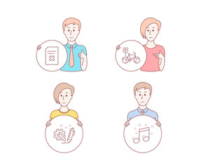 People hand drawn style. Set of Engineering, Delete file and Bicycle parking icons. Musical note sign. Construction, Remove document, Bike park. Music.  Character hold circle button. Vector