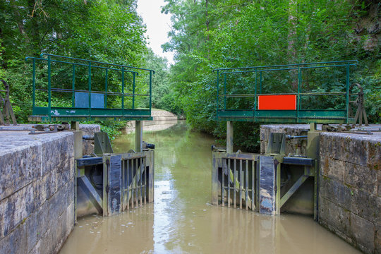Nerac France 10-17-2018. Lock on ther river Baise  in the city of Nerac in France.