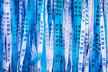 Blue Brazilian wish ribbons celebrating the Festival of Yemanja, Rainha do Mar (Queen of the Sea, in the Yoruba religion) in Salvador, Bahia, Brazil