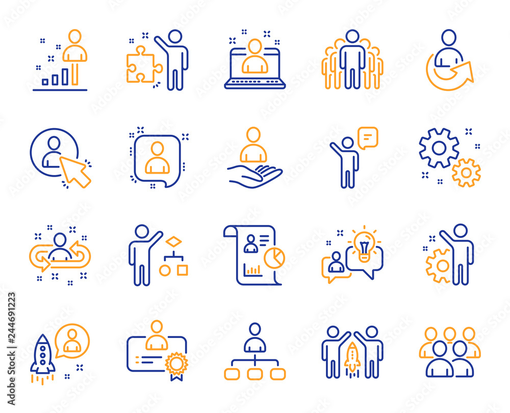 Poster management line icons. set of business audit, startup strategy and employee icons. business strategy