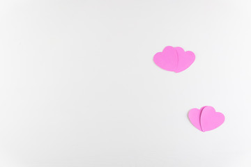 Hand-made pink love hearts isolated on white wooden texture background, Happy valentine's day....