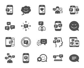 Message sms and Communication icons. Group chat, Conversation and Speech bubbles icons. SMS communication, Phone chat and Stop talking symbols. Conversation group, smartphone message, info. Vector