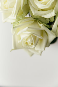 A bouquet of big white roses in full boom against a neutral background as seen from above.